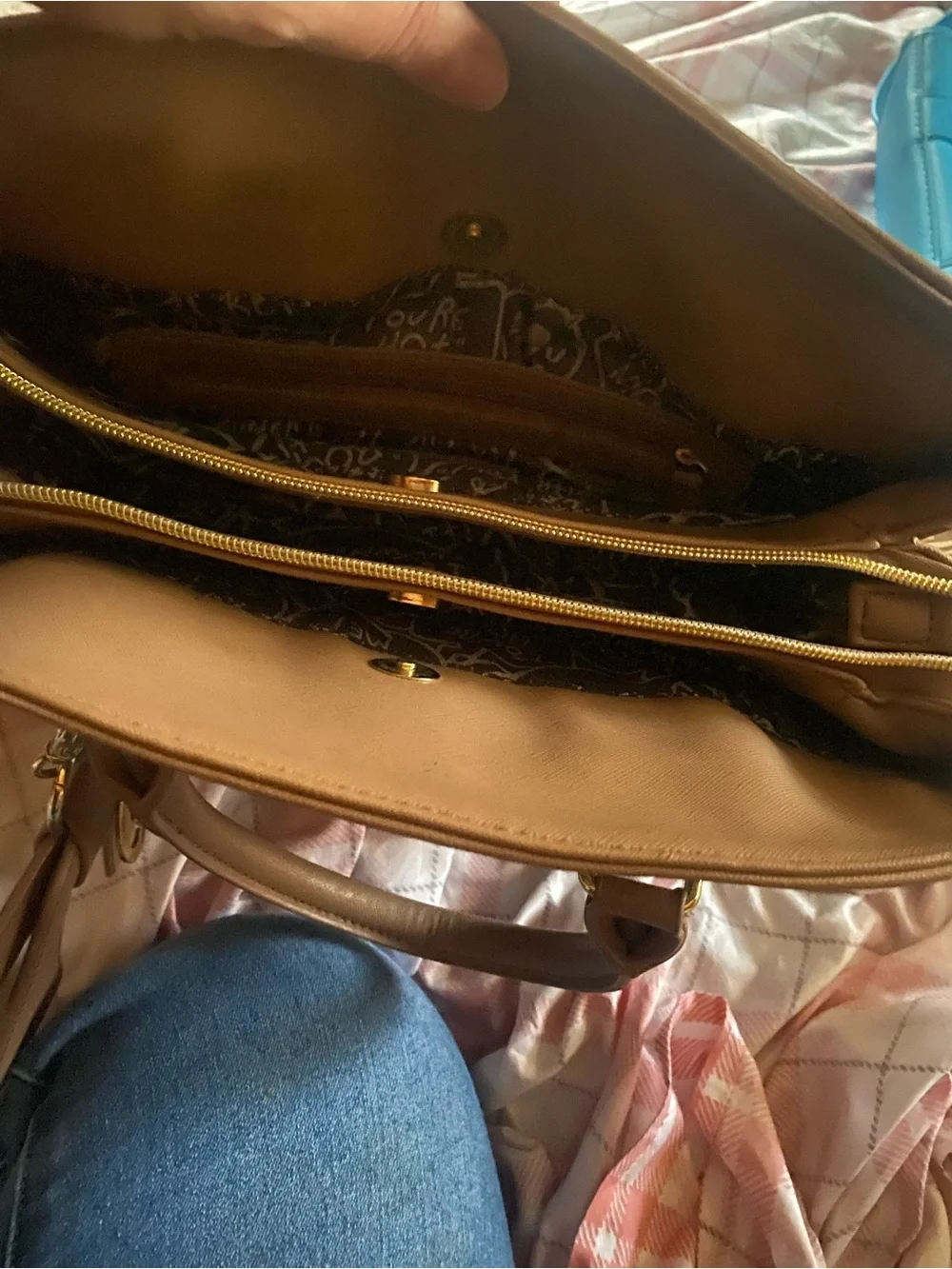 Betsey Johnson Brown and‎ Cream Striped Tote with Bow Charm 16” x12”